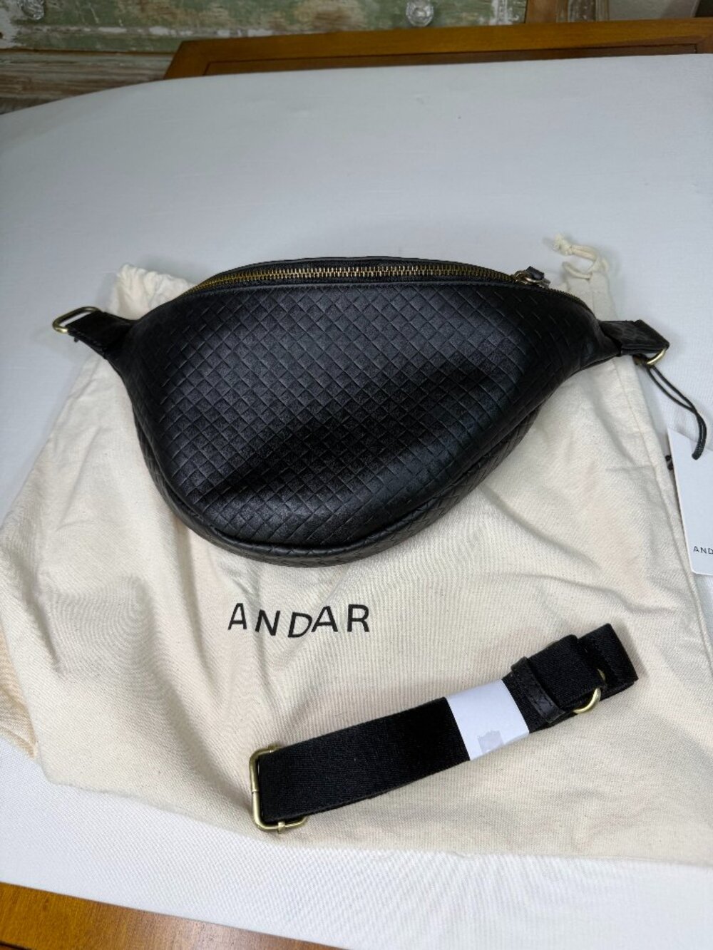 ANDAR Black Woven Full Grain Leather Belt Bag Crossbody Sling Bag